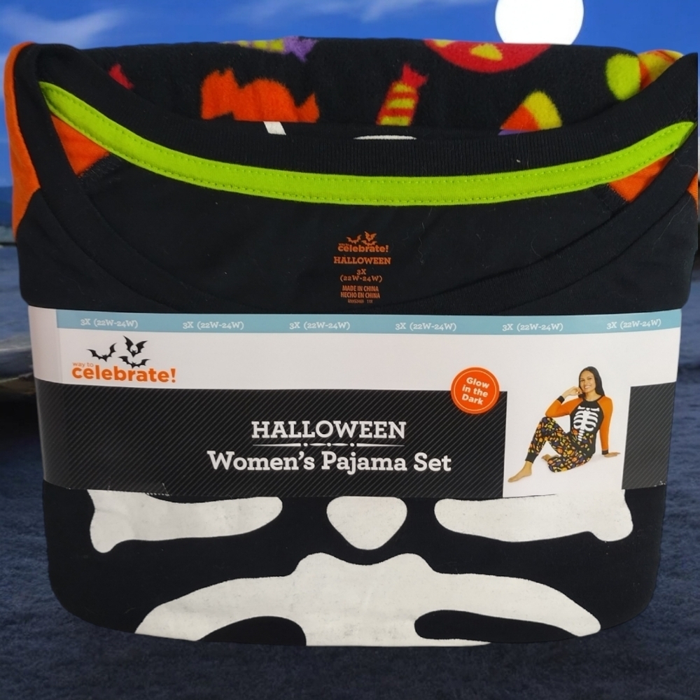 Women's Halloween Glow In the Dark  2 Piece Pajama Set Size 3X (22W - 24W) Black